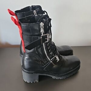 Charles David Clout 2 Platform Combat Boots Sz 9 Black With Red Tab